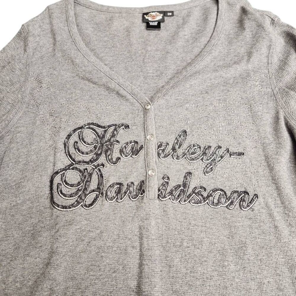Harley Davidson Soft Gray Long Sleeve Embroidered Rhinestone Embellished Shirt - Picture 2 of 9